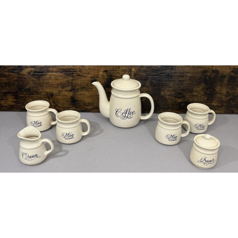 Vintage Coffee Pot Ceramic Set Off-White Navy Cursive Lettering Detail
